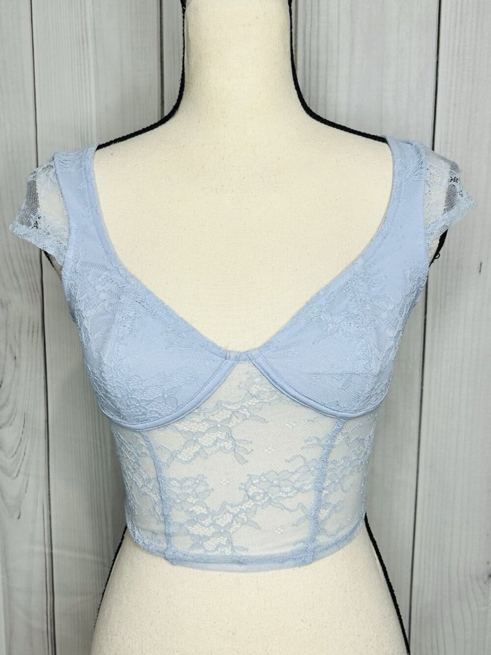 Garage Baby Blue Lace Corset Tee Top Cap Sleeve Cropped Sheer Size XS Coquette